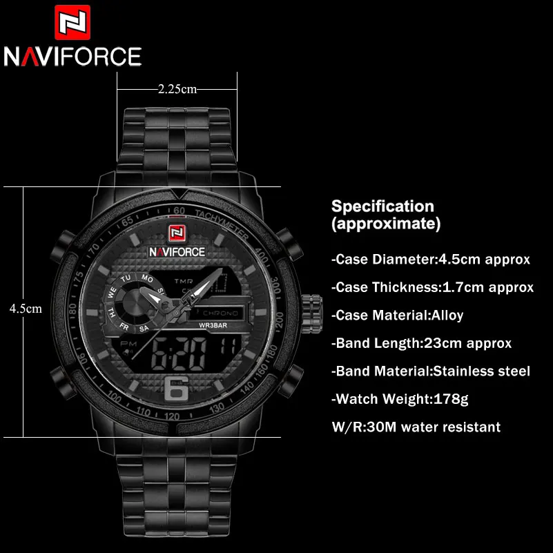 Часы наручные NAVIFORCE Мужские кварцевые Брендовые спортивные цифровые с кожаным