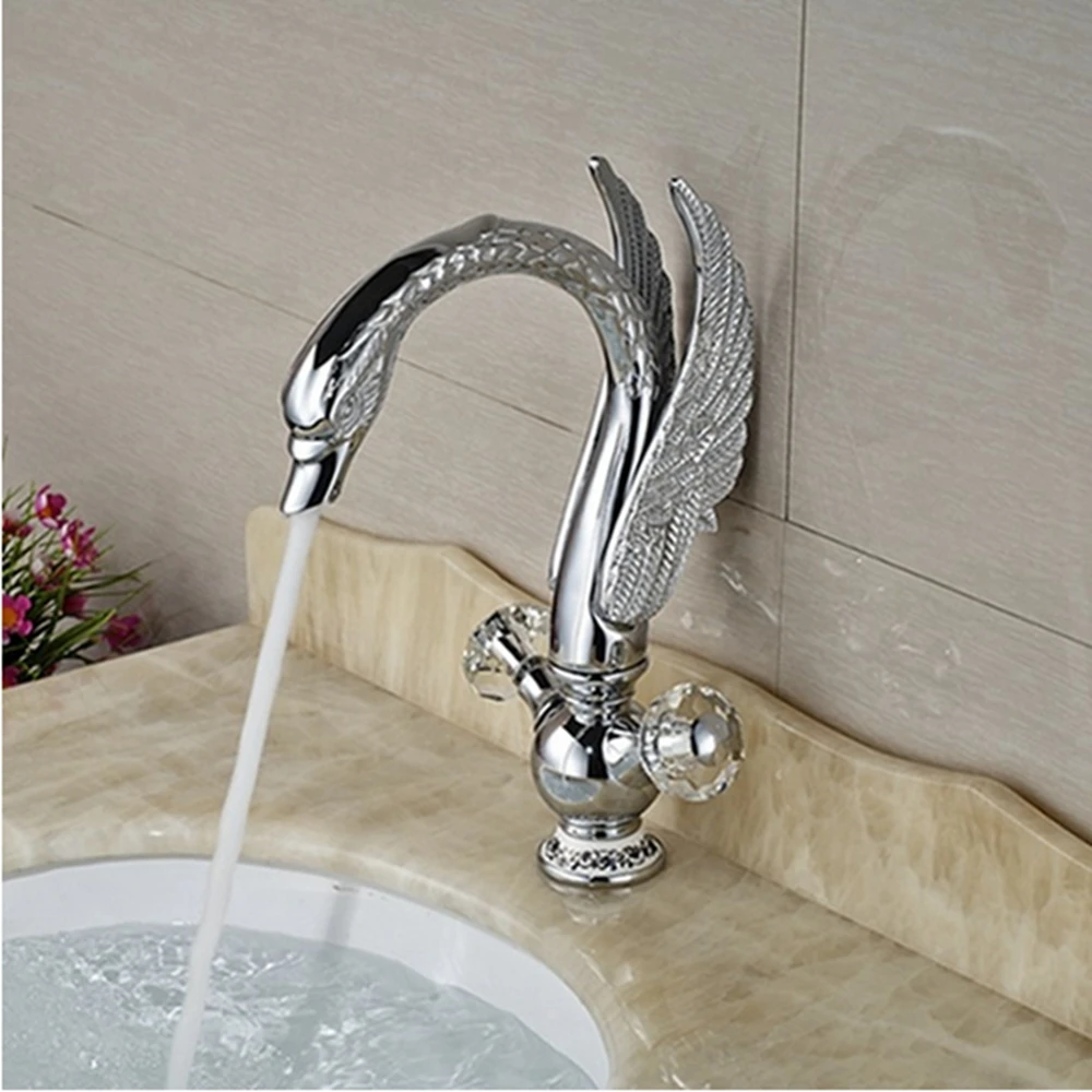 Uythner Modern Chrome Swan Deck Mount Crystal Dual Handles Bathroom Faucet Mixer Tapin Basin