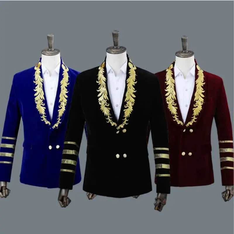 

Deluxe Men`s Prom Coat Victorian Vintage Velvet Embroidery Slim Fit Blazer Navy Suit Costume Party Dress For Men Plus Size 2XL
