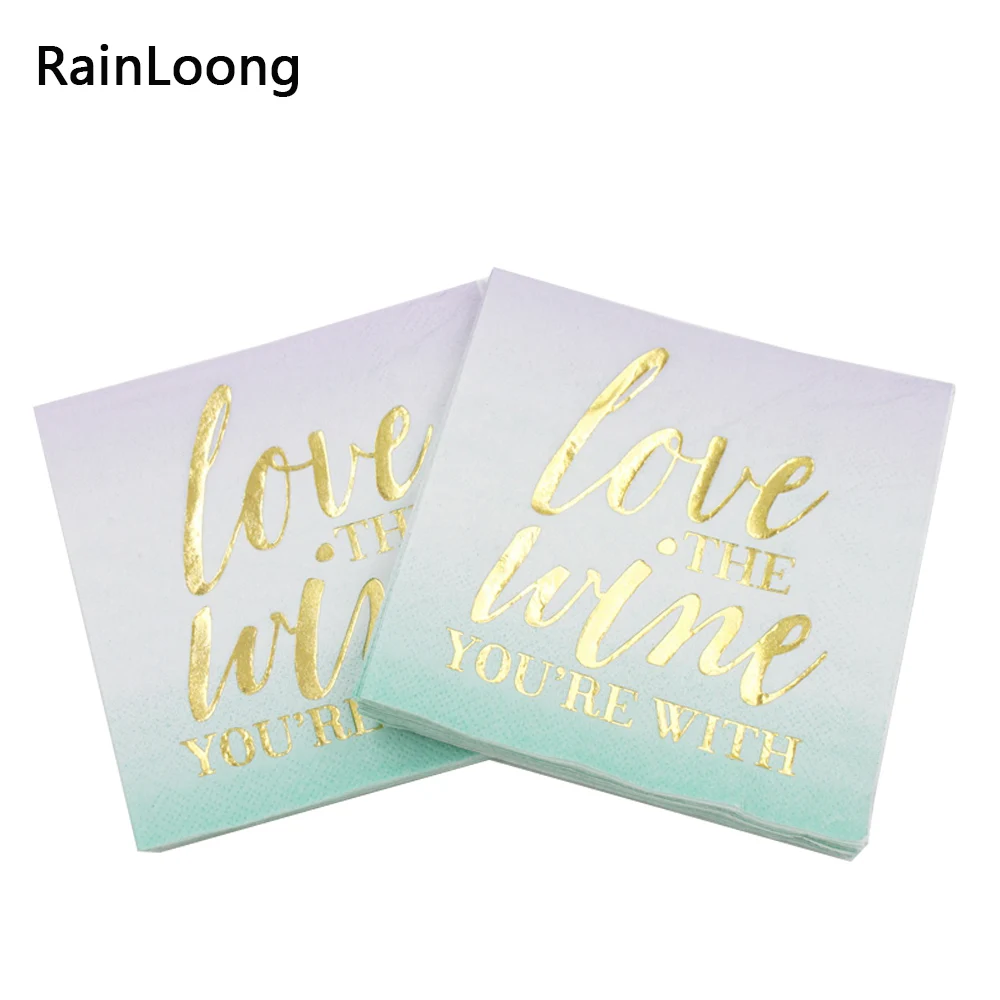 

[RainLoong] 3Plys Beverage Gold Foil Paper Napkin Love The Wine You're With Tissue Napkin Serviettes For Party Cocktail 25*25cm