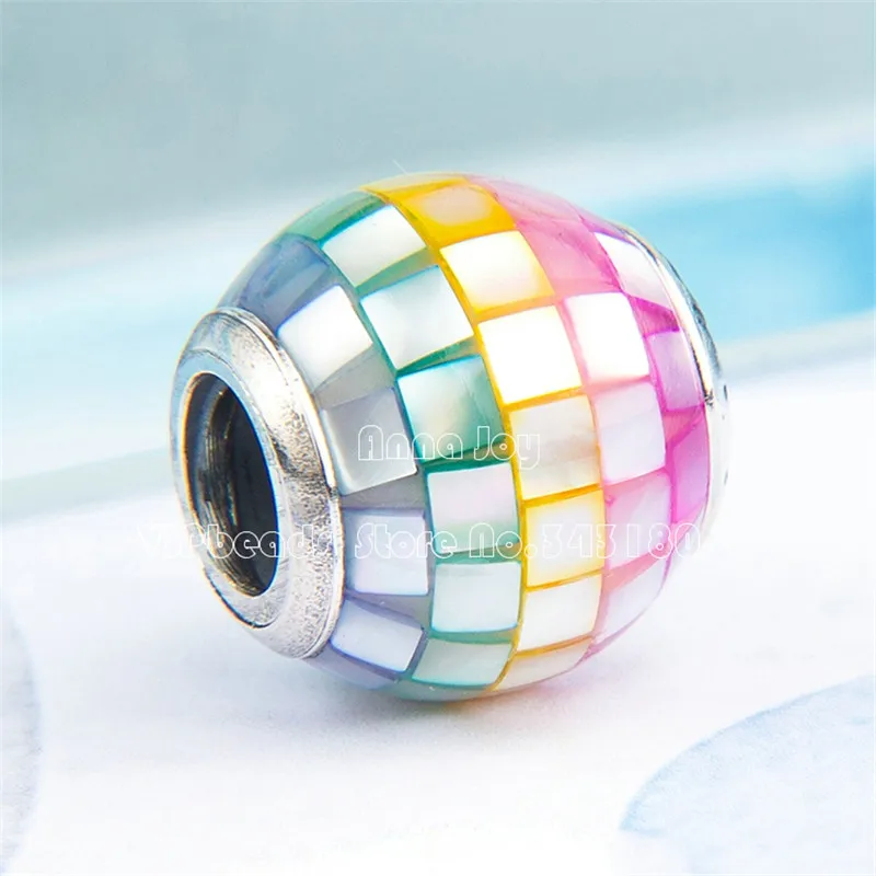 

2018 Summer 925 sterling silver Multi-Color Mosaic Charm With Mother of Pearl beads Fits European Women Girl Bracelets Necklaces