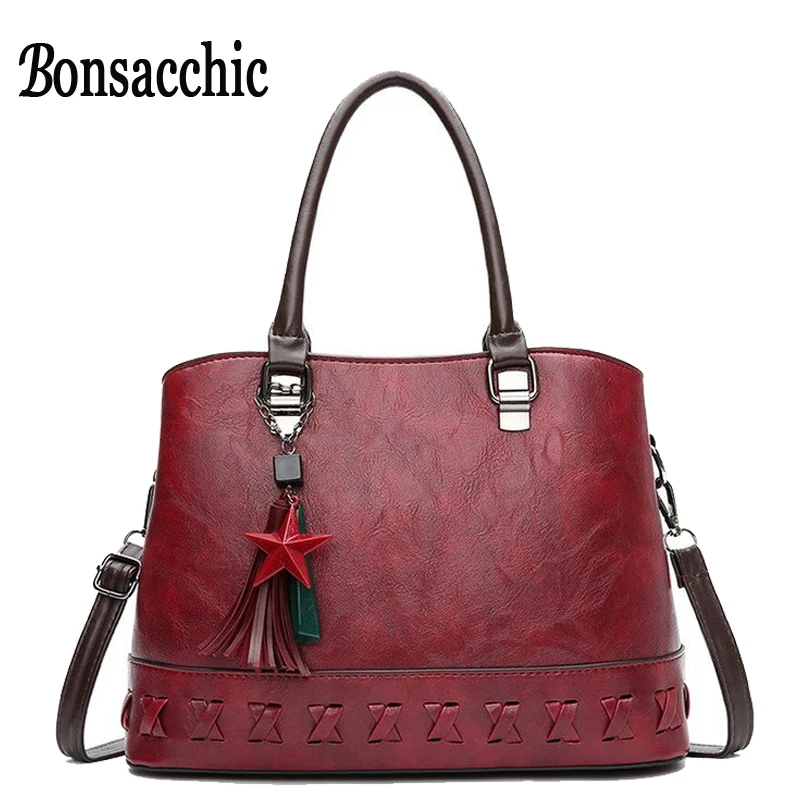 

Bonsacchic Black Women Bag Burgundy Famous Brands Women Red shoulder bag New Fashion Handbags For Ladies Leather Casual Tote Ba