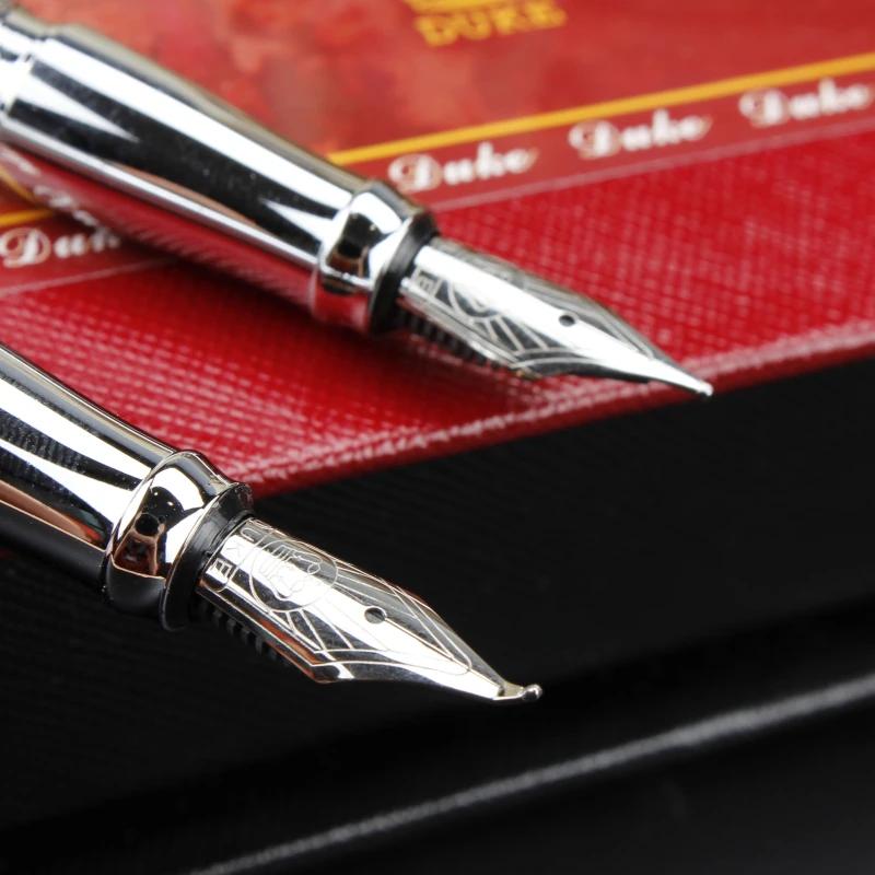 Duke 209 Luxury Pure Silver Steel 0.5mm Fountain Pen + 1.0mm Curved Tip