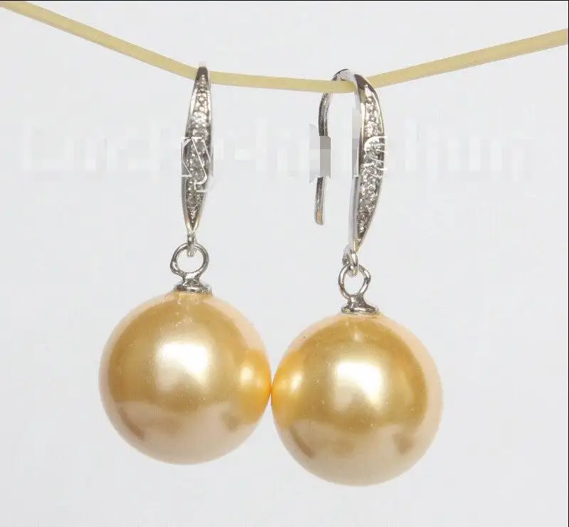 

Hot selling free shipping******** Dangle 14mm round yellow south sea shell pearls Earrings 925 silver