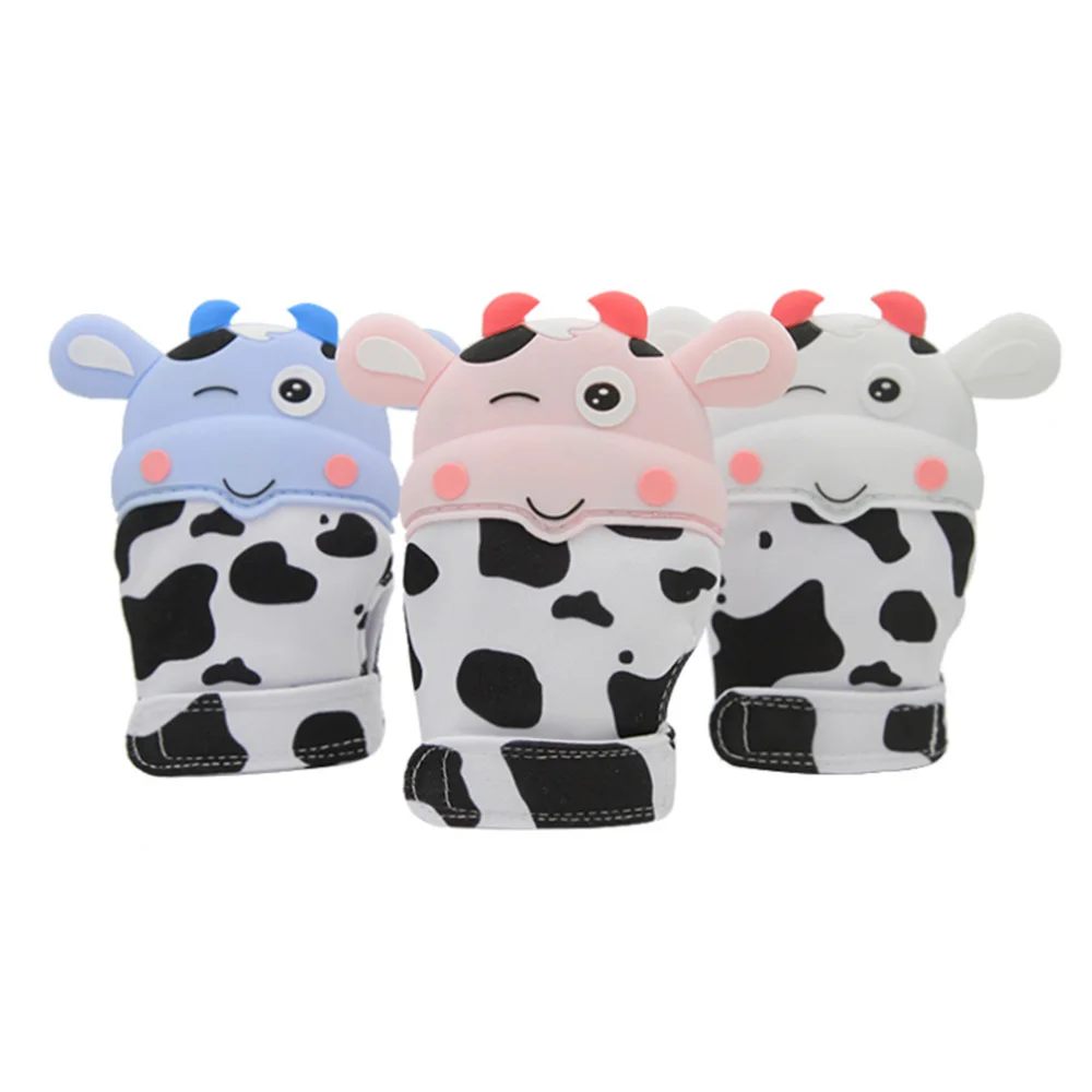

Cute Cow Silicone Teether Baby Pacifier Glove Newborn Teething Chewable Mittens
