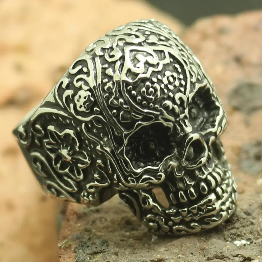 

316L Stainless Steel Cool Silver Biker Flaming Skull Ring