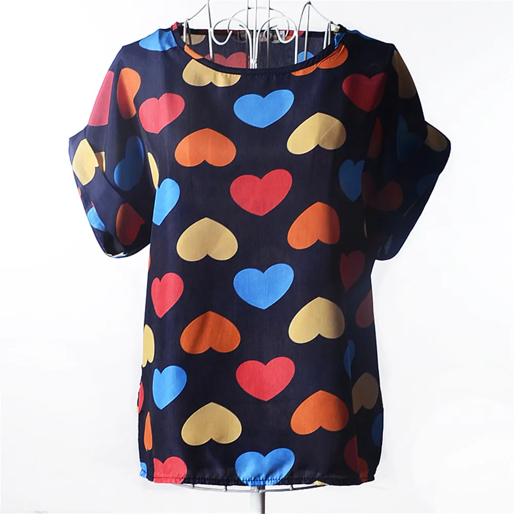 Summer Stars Blouse Women Sunflower Bird Chiffon Print Blouse Stripe Plaid Shirt Cross Love Blouse Short Sleeve Lipstick Shirts (32)