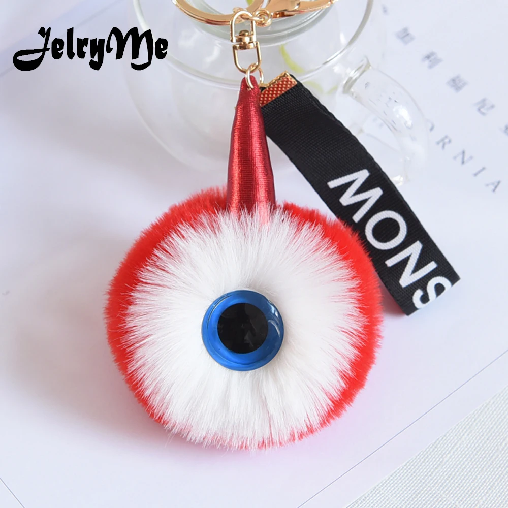 

Fluffy Big Eyes Monster Keychains Women Cute Unicorn Key Chains Pompom Charm Purse Tags Keyring For Car Rearview Mirror Pendants