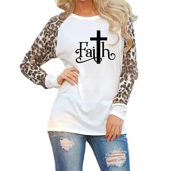 

New Fashion T-Shirt For Women Faith Letters Print Leopard Print Long Sleeve T-Shirt Top Plus Size Cotton Cute Graphic