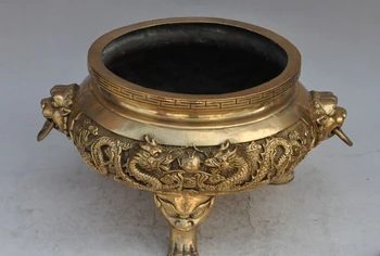 

China Brass dragon play bead foo dog lion head beast foot Statue incense burner