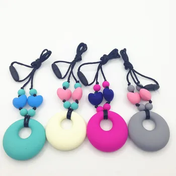 

BPA free silicone teething pendant necklces with heart beads silicone multi color round nursing pendant necklaces 5pcs/lot