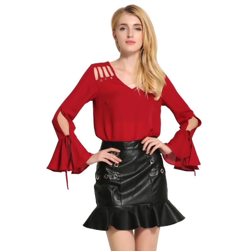 Chiffon Blouse Women White Shirt Black Blouses Autumn Winter Long Flare Sleeve Plus Size Tops Cut Out blusas y camisas mujer New