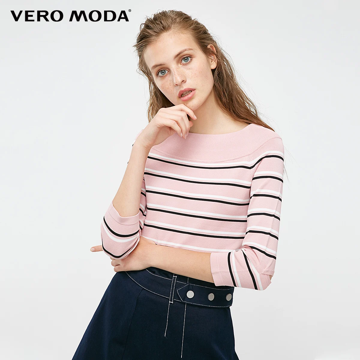 Vero Moda Новая Женская свитер женский Полосатая с вырезом лодочкой 3/4 рукавами облегающая трикотажная | 318424505 - Цвет: Soft pink