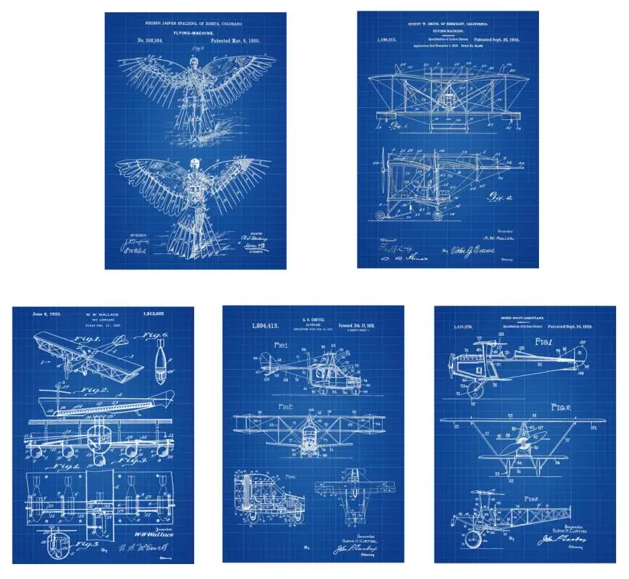 Винтажный ранний самолет Летающий аппарат наборы художественных печатных патентов 5 в 1 самолет детский самолет стены искусства классический самолет - Цвет: blueprint