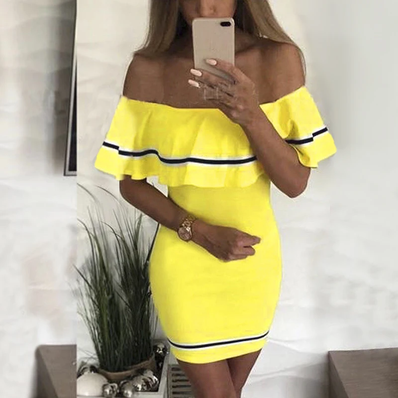 

Women Off Shoulder Mini Dress Ladies Off Shoulder Ruffles Party Dresses Elegant Female Slim Bodycon Fashion Vestidos Women Dress