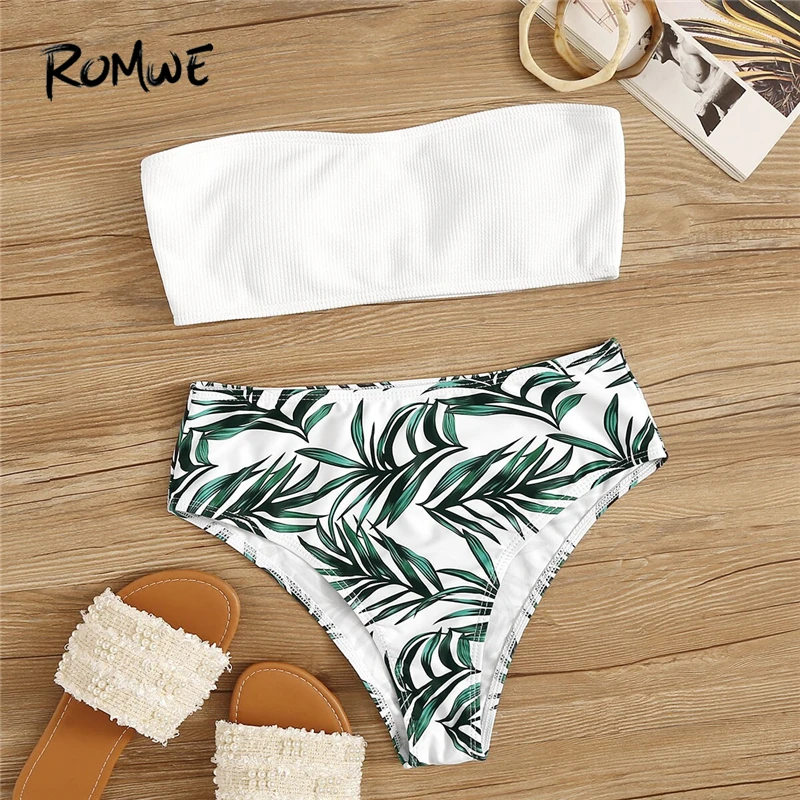Romwe, спортивный комплект бикини, ребристая вязка, бандо с принтом листьев растений, низ, купальник для женщин, летняя, высокая талия, сексуальная пляжная одежда