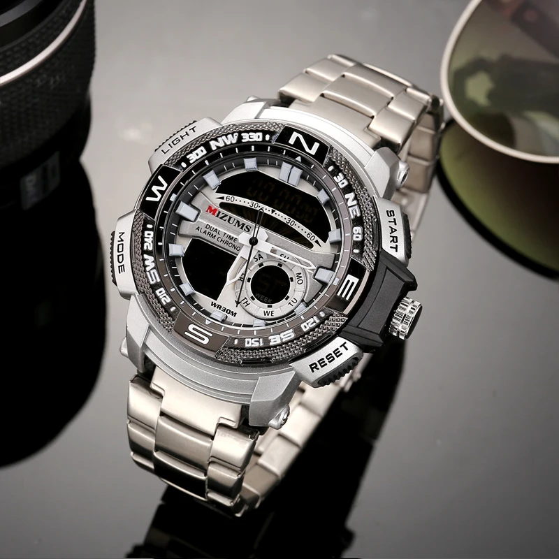 2019 cool big case golden steel band bracelet quartz watches for men led digtial sports watches mens wristwatches dual time zones military style clock man drop shipping (31)