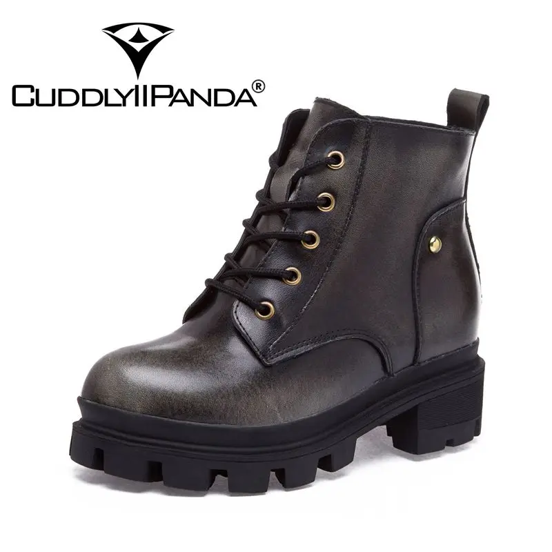 

CuddlyIIPanda Women Fashion Ankle Boots Genuine Leather Retro Short Boots Autumn Winter Warm Side Zipper Motorcycle Boots Mujer