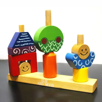 

Wooden shape color block sun moon DIY hand work match Building Blocks 48 off multi-level logic game pillar game birthday gift