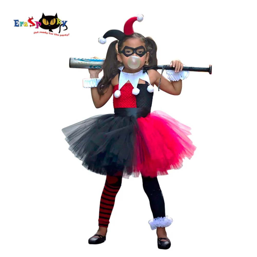 

Eraspooky Red Black Toddler Tutu Dress Girls Clown Cosplay Halloween costume for kids Carnival Party Costumes Joker Headband