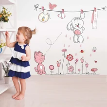 Pegatina de pared de flores de conejo y gato rosa de dibujos animados para bebés niñas habitaciones de niños decoración del hogar paraguas de oso de peluche pegatinas de pared de clase(China)