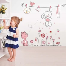 Pegatina de pared de flores de conejo y gato rosa de dibujos animados para bebés niñas habitaciones de niños decoración del hogar paraguas de oso de peluche pegatinas de pared de clase