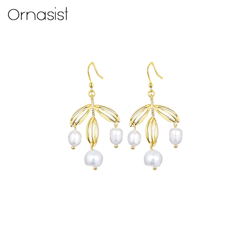 

Baroque Natural Pearl Drop Earrings Women Hollow Metal Gold Irregular Pearls Dangling Leaf Earring Pendientes Mujer Moda