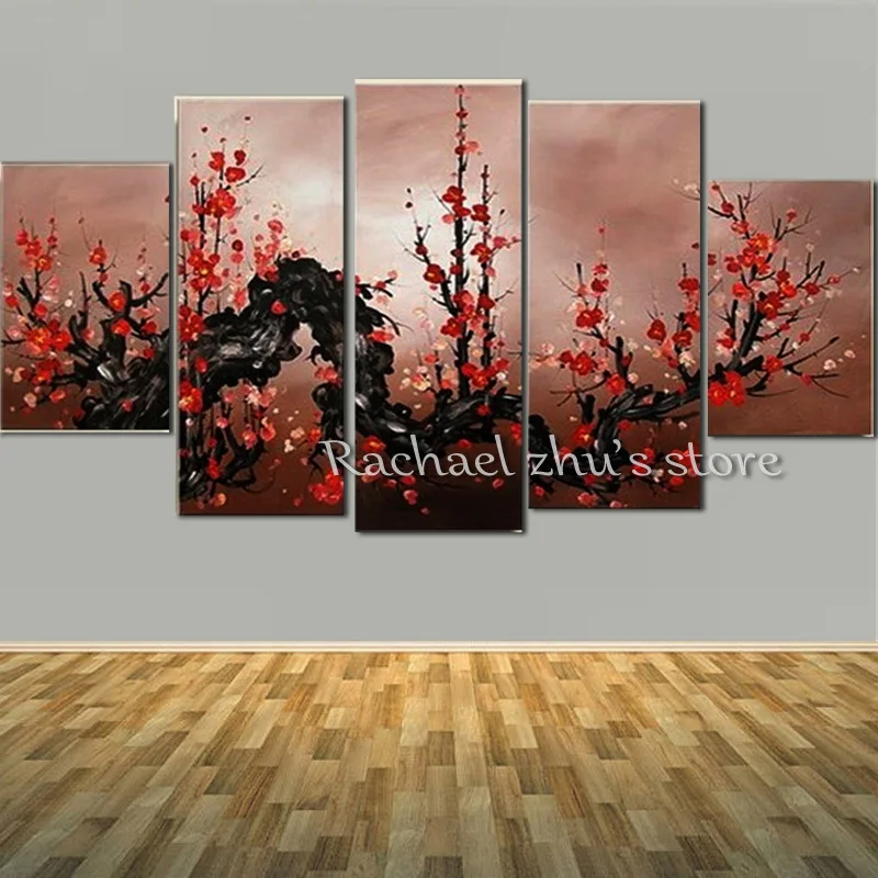 

Hand Painted Abstract Blomming Flower Tree Oil Painting On Canvas 5 Pieces wintersweet Wall Pictures Living Room Home Decor Art