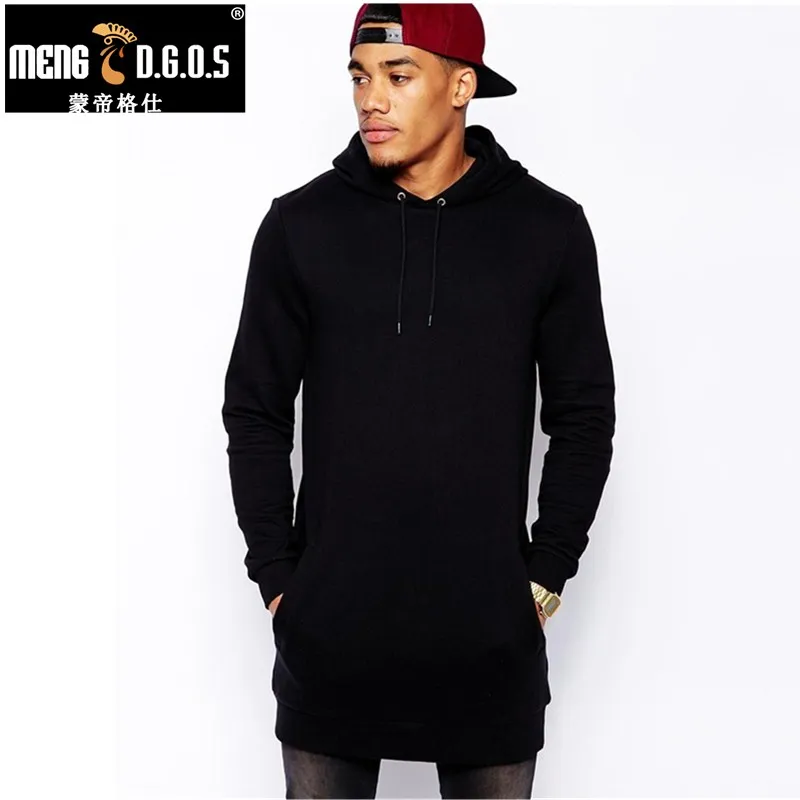 

New Arrival Free Shipping Fashion Men's Long Black Hoodies Sweatshirts Feece With Side Zip Longline Hip Hop Streetwear Shirt