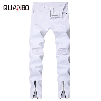 

2019 Mens Hole Ripped Slim Leg Opening Zipper Jeans Fashion Stretch Paste Jeans Brand Clothing Streetwear Denim Pants Trousers