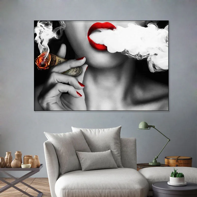 

Modern Red Nails Woman Lady with Money Smoke Art Canvas Wall Oil Painting for Bar Decoration Frameless Wall Art Picture