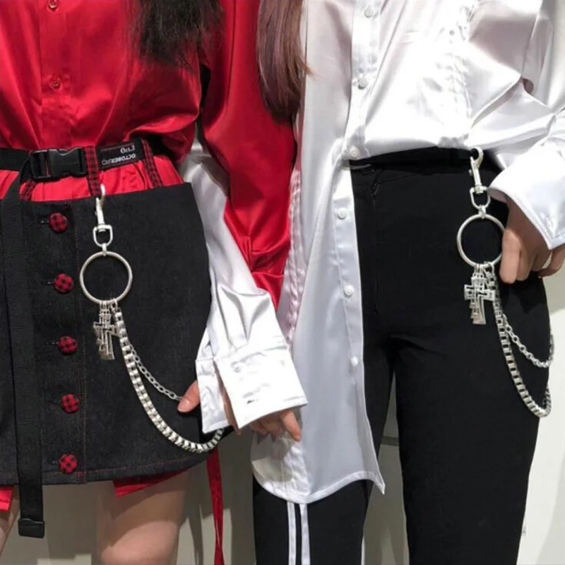 

Punk Hip-hop Silver TWO Strands Waist Chain Men women Jeans keychain Metal Cross Pants Chain Wallet Belt Chain Fashion jewelry