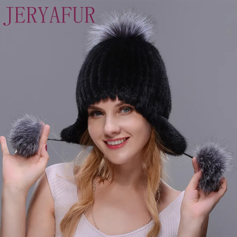 Jeryafur зима Женская норковая шапка шляпу, чтобы защитить уши из норки и песца ручной работы Лыжная шапка мех Подготовка теплые