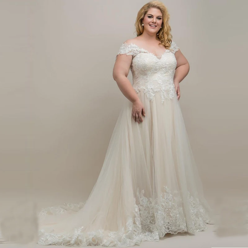 

Plus Size V Neck Wedding Dress 2019 Appliques Lace Bridal Gown Off the Shoulder Vestido de Noiva Custom Made Bride Dresses