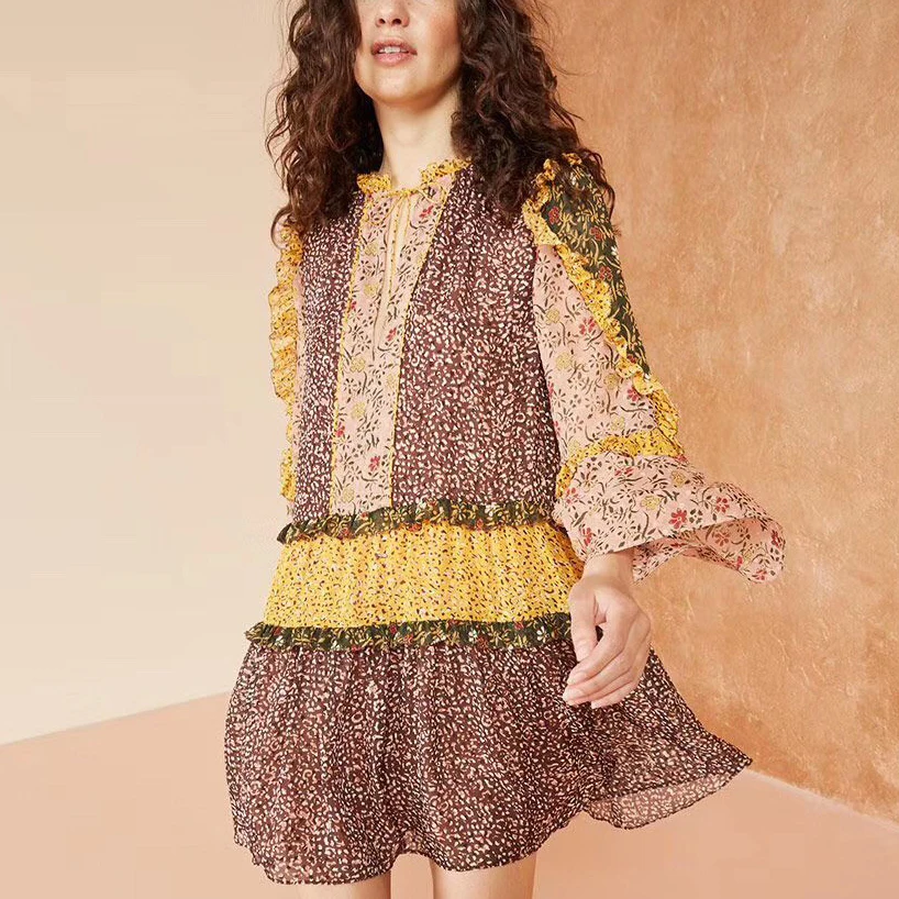

Women's Silk Floral Stitching Color Printing Retro Temperament Bell Sleeve Ruffle Silk Vacation Dress