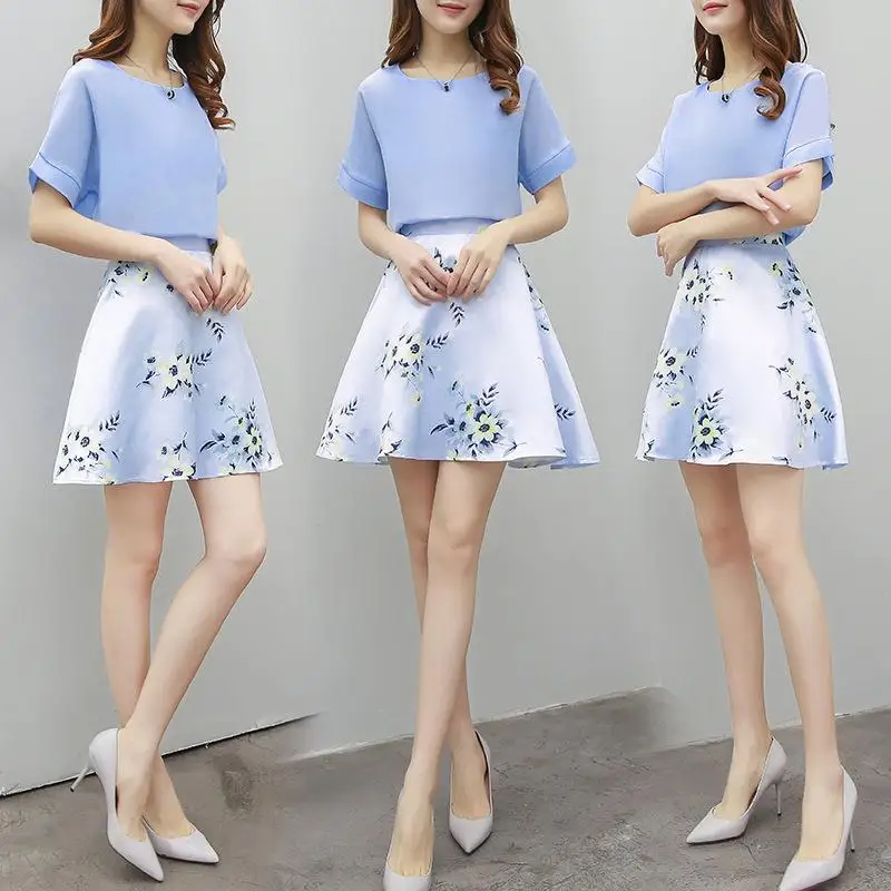 2017 Verão OL Set Top & Terno Do Escritório Saia Da Flor Da Pintura Chinesa a Tinta lavagem Camiseta impressão Chiffon Uma Linha Saia Com Forro 2 Tortas conjunto