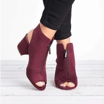 

SLHJC Summer Pumps Boots Women Plus Size Peep Toe Med High Block Square Heel Flock Sandals Women Cozy Zip Short Boots Shoes