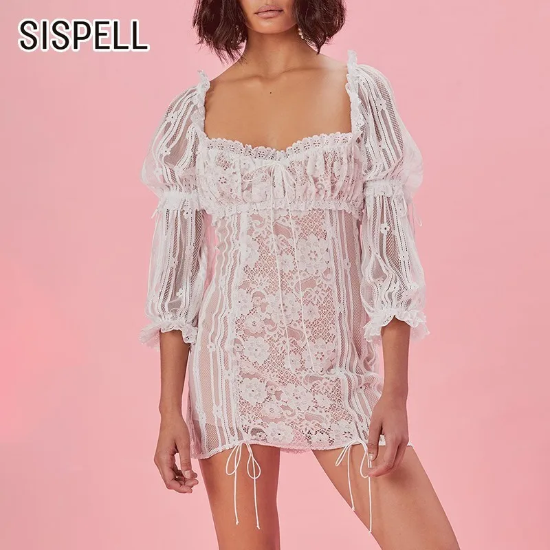 

SISPELL Summer Women's Dress Square Collar Puff Sleeve Backless Lace Patchwork Sexy Hollow Out Skinny Dresses Female Fashion New