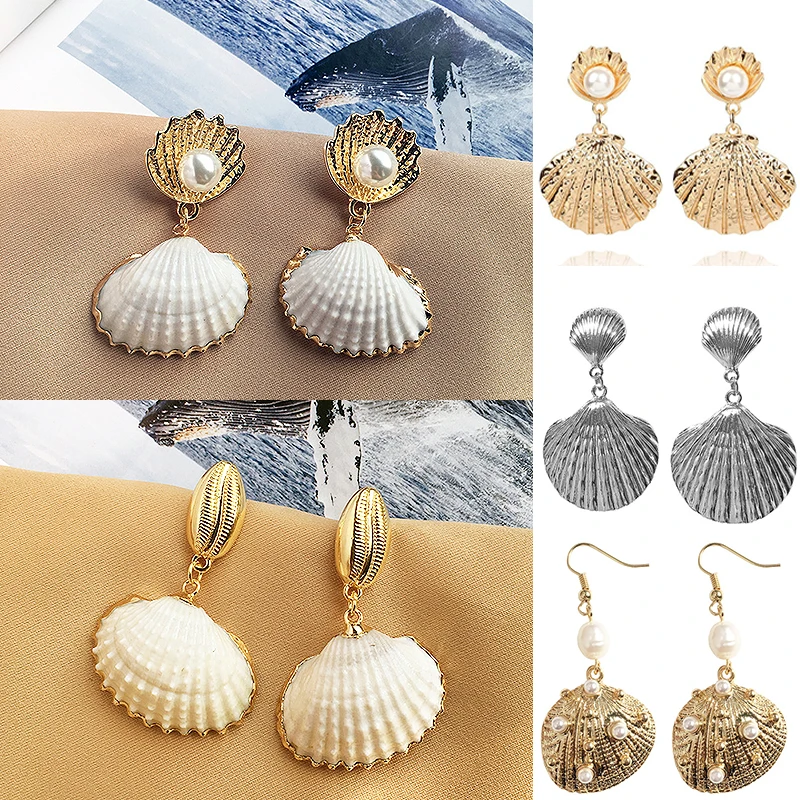 

2019 Summer Hand Made Shell Earrings For Women Gold Silver Color Metal Shell Statement Earrings Beach Jewelry