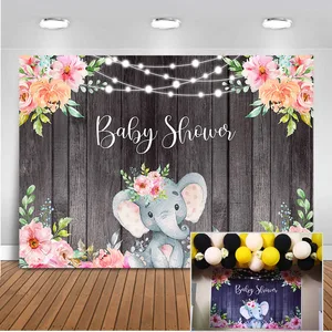 Elephant Baby Shower Backdrop For Photography Wood Floor Background For Photo Studio Flower Backdrops Newborn Party Decoration