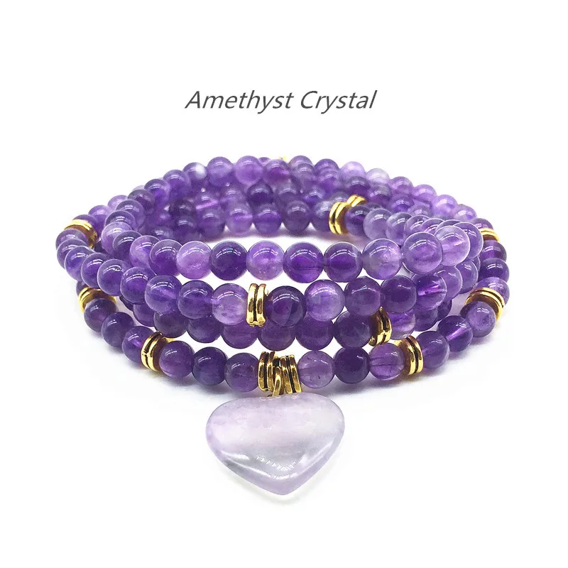 

Beadztalk Women Charm Bracelet Natural Amethysts Purple Crystal 6 mm Round beads Yoga Necklace Heart Jewelry