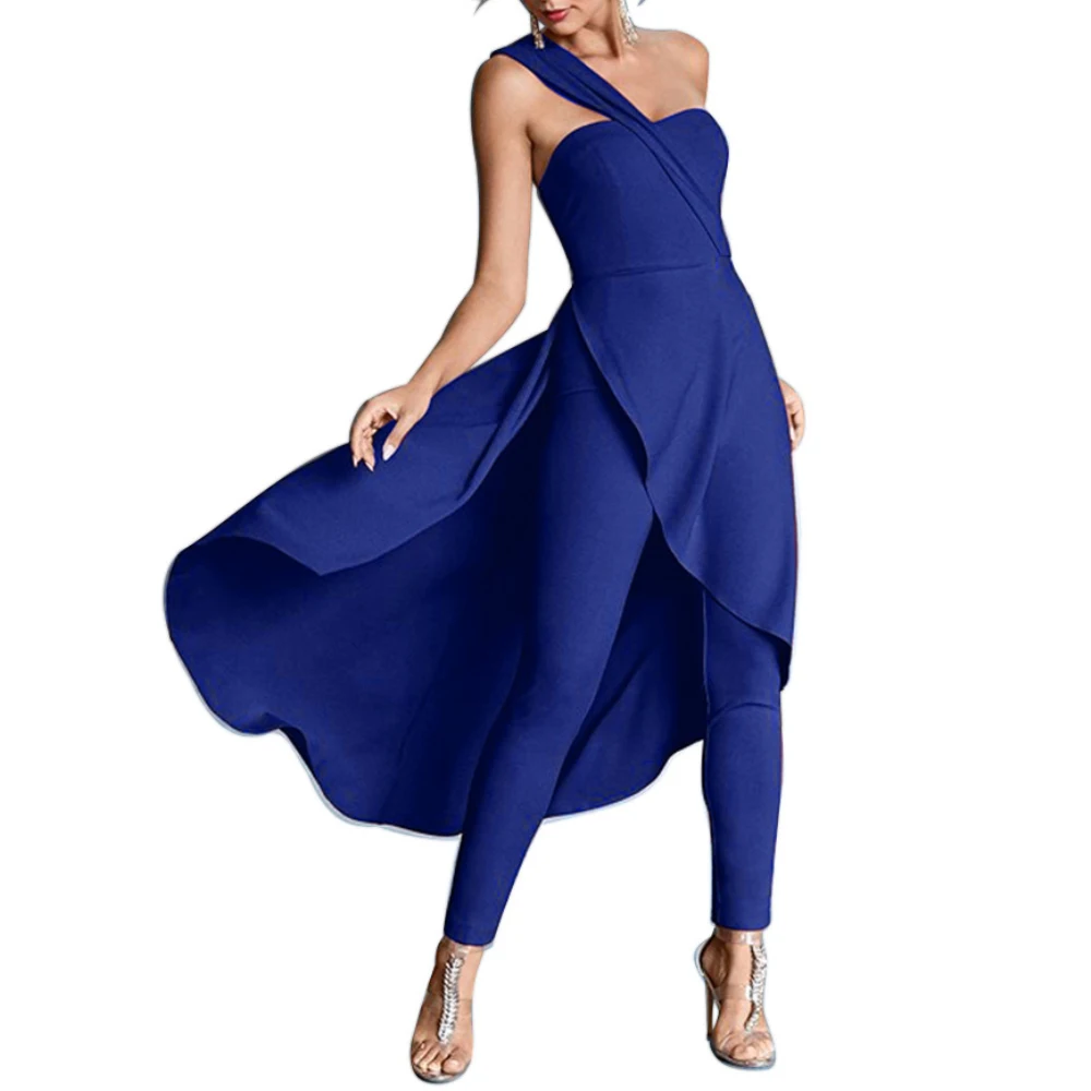 

2019 Women Elegant One Shoulder Sexy Flouncing Asymmetric Hem Split Long Dress