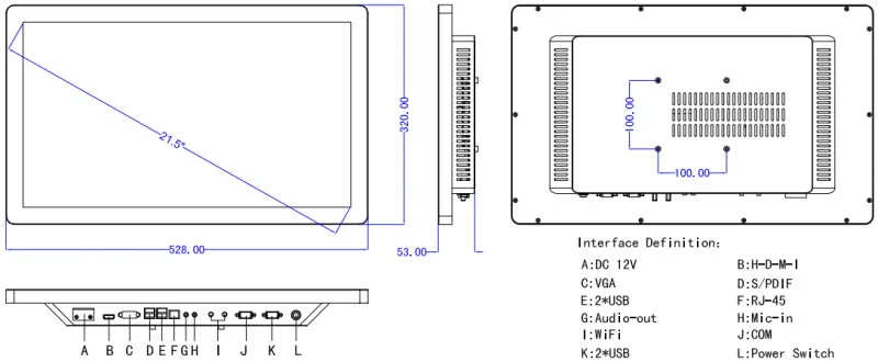 21,5 "промышленный Papel ПК с Intel i3 3217u 4 Гб DDR3 спереди IP65 1920X1080 промышленных Aio компьютер с 2 * RS232/4 * USB