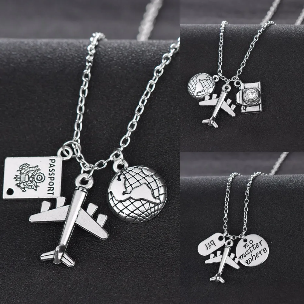 

Best Friends Wanderlust Travelers Necklaces Gift Globe Earth Aircraft Plane Passport Pendant Traveling The World Necklace Collar