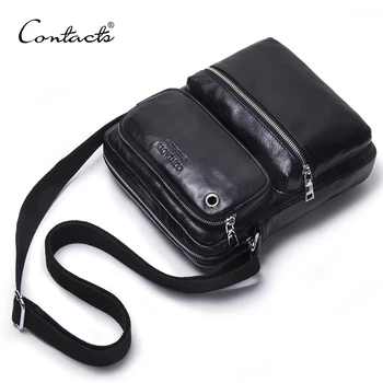 

CONTACT'S Genuine Leather Men Bag Male Shoulder Bag Small Men's Crossbody Bags Fashion Man Casual Black Messenger Bags Bolsas