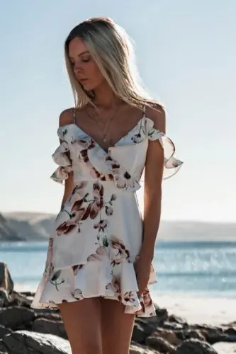 

Sleeveless Spaghetti Strap Beach Floral Ruffle Mini Casual Dress Women Flying Sleeve Sundress Chiffon