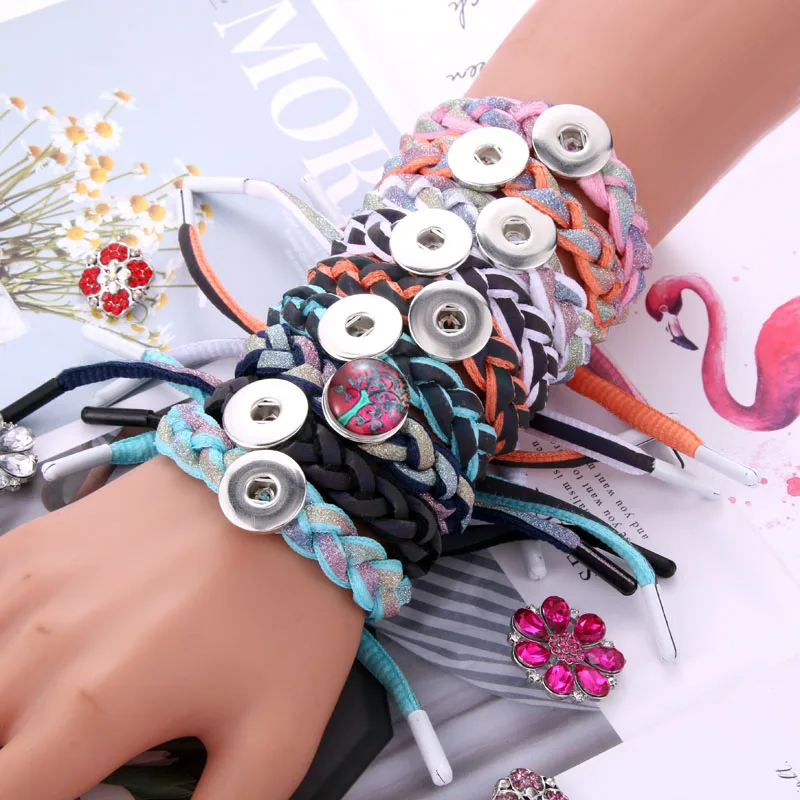 

2019 New Snap Jewelry adjustable Weaving Shoelace snaps Bracelet Contrast color fit 18mm Snap Buttons Sporty style Bracelets