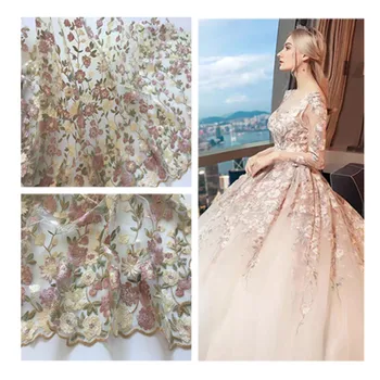 

Heavy industry colored flower net yarn embroidery fabric lace wedding dress clothing fabric handmade DIY tulle fabric sequin