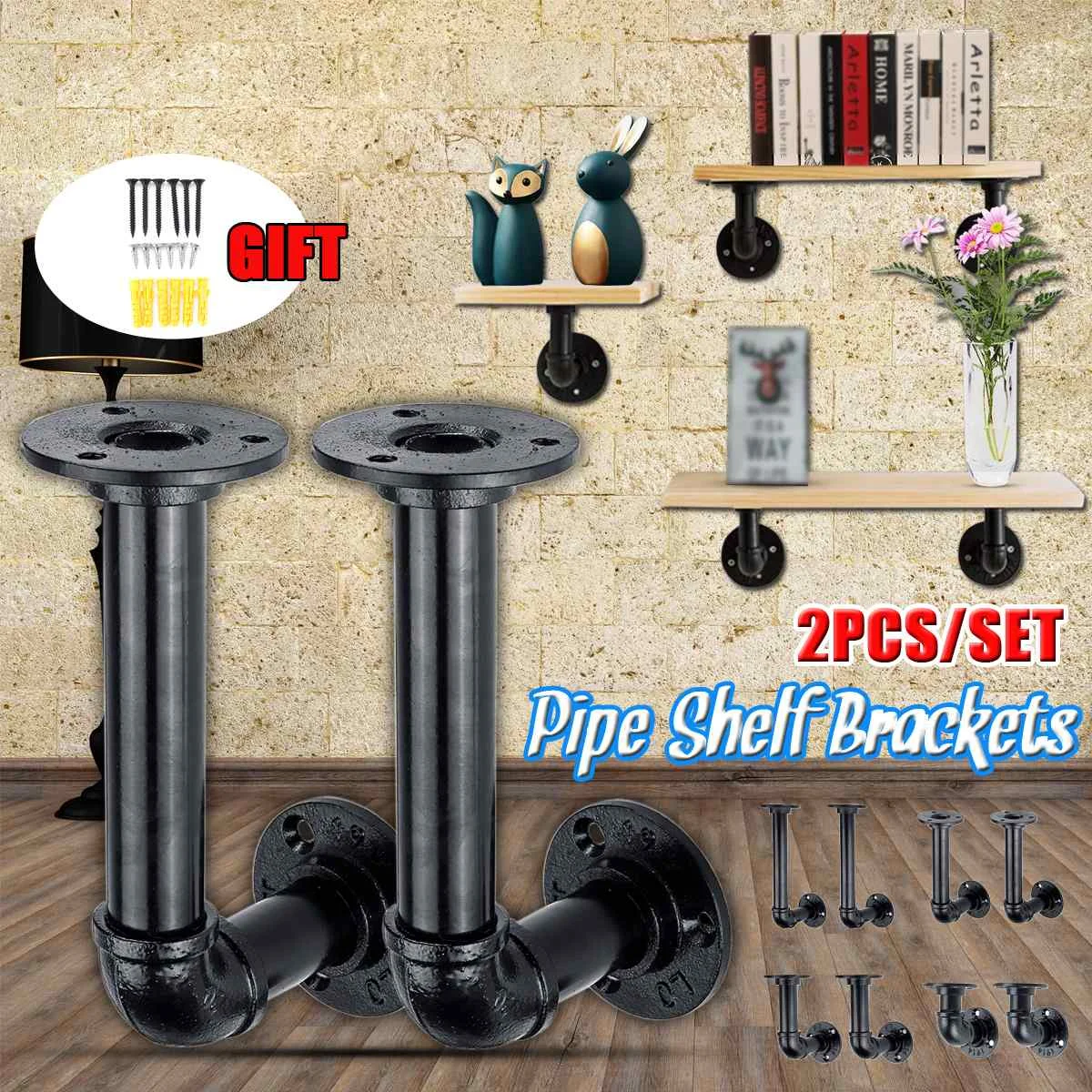 

2Pcs Industrial Black Iron Pipe Bracket Wall Mounted Floating Shelf Hanging Wall Hardware Decor For Farmhouse Shelving Hardwar