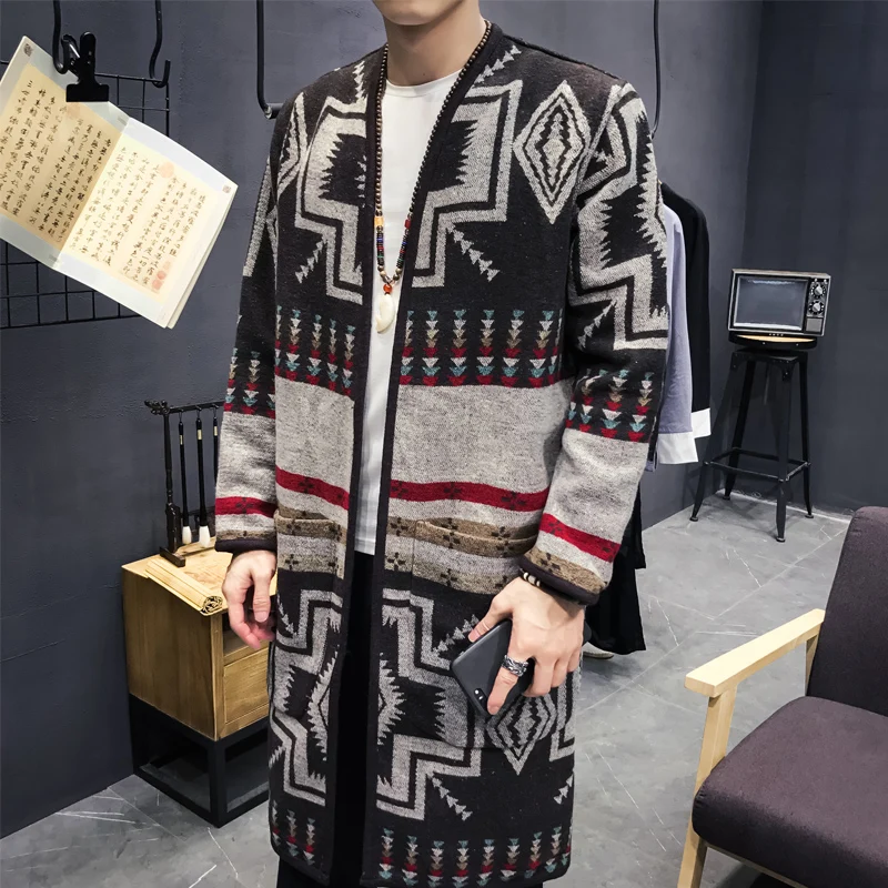 Spring Thin Knitting Trench Mens Printed Pocket Open Stitch Straight Casual Pattern Mens Trench Fashion